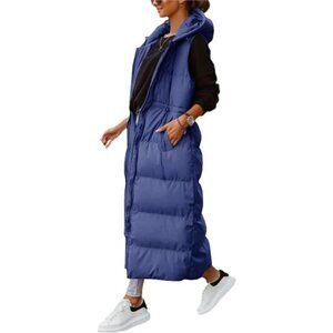 Women's Long Quilted Vest Hooded Maxi Length Sleeveless Puffer Vest